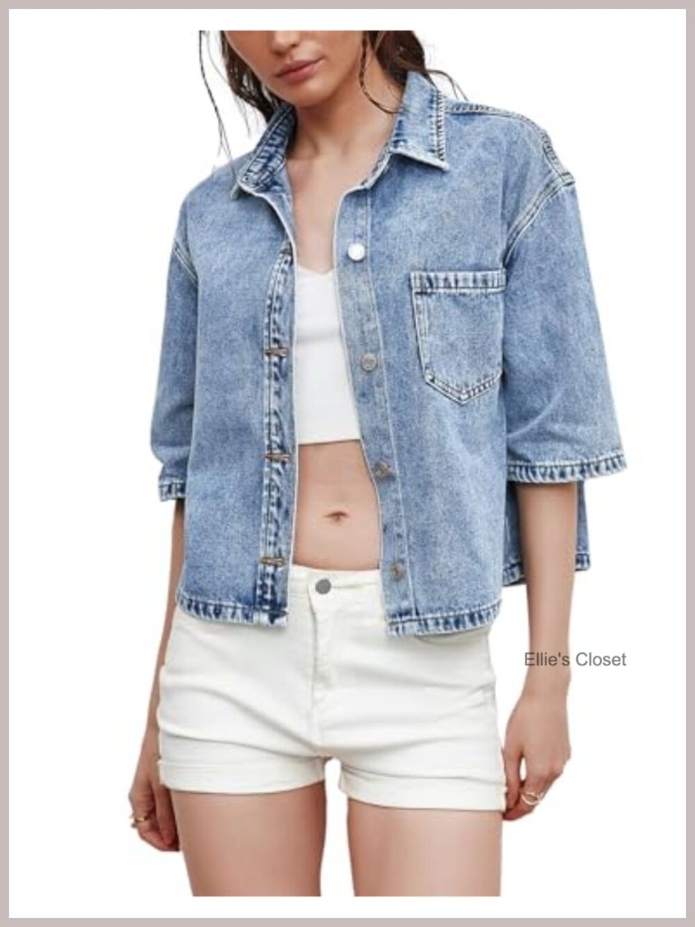 Women's Denim Button Down Shirt Short Sleeve Casual Jean Top